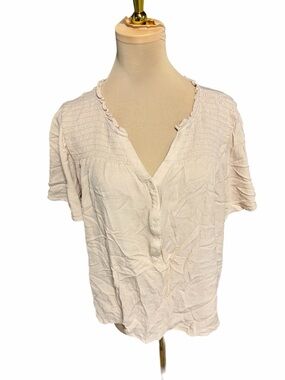 Maurices Light Pink Button Front Top XL V Neck Ruffle Trim Short Sleeve Blouse